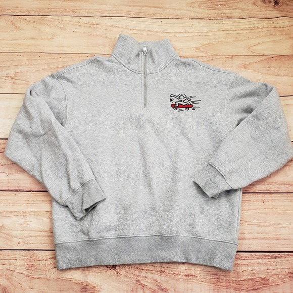 HM Keith Haring Sweatshirt Mens Medium Gray Pullover 1/4 Zip Relaxed Fit Skater - Picture 1 of 11